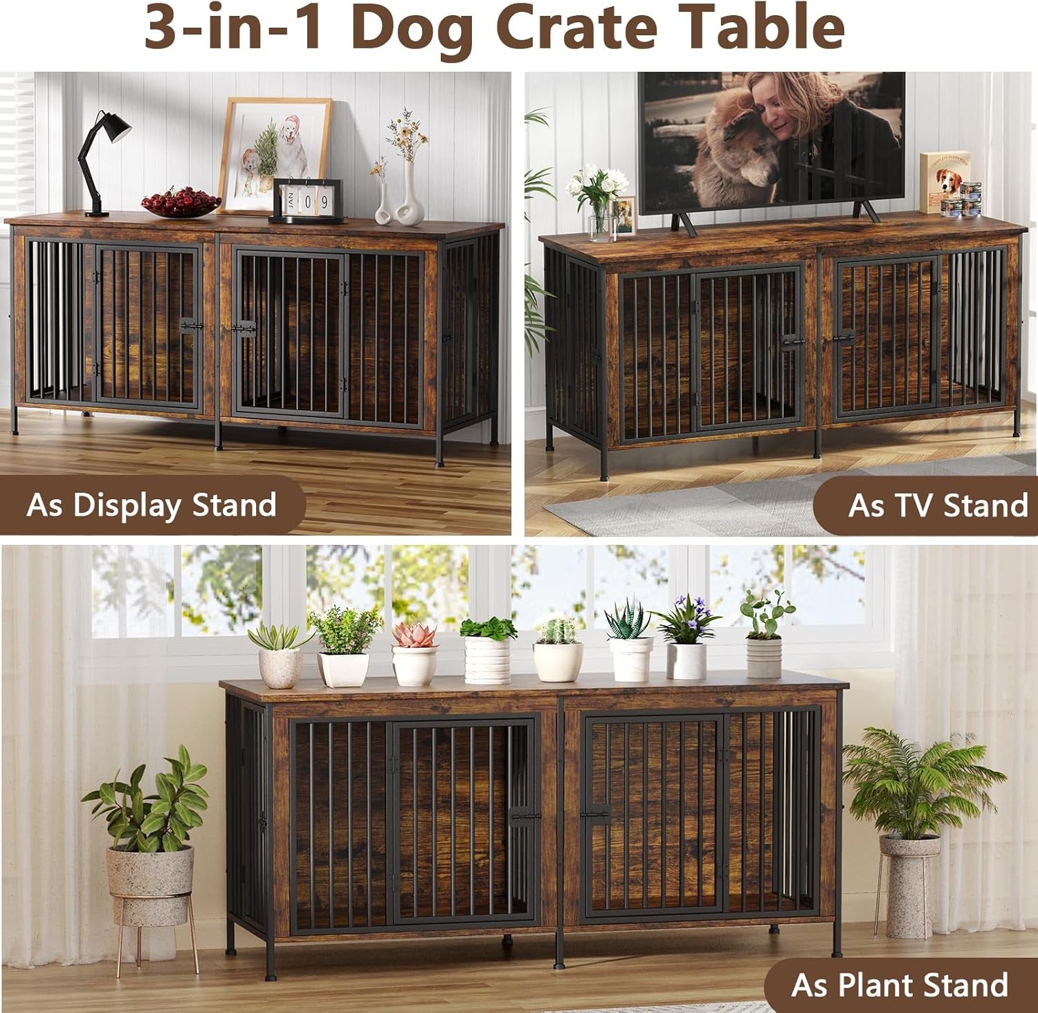 78 Inch Dog Crate Furniture for 2 Dogs, Extra Large Double Dog Cage Large Breed, XXL Thick Wooden Dog Crate TV Stand, Sturdy Dog Kennel with Divider
