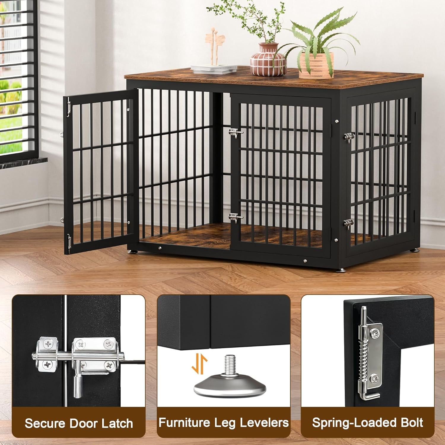 42 Inch Heavy Duty Dog Crate Furniture for Large and Medium Dogs, Decorative Pet House End Table, Wooden Cage Kennel Furniture Indoor, Rustic Brown